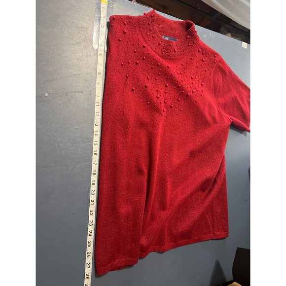 Susan Graver Red Beaded Short Sleeve Sweater & Open Cardigan Set L Acrylic Blend - Picture 4 of 15